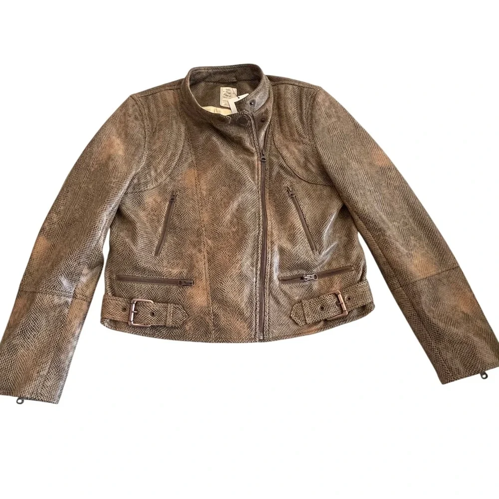Free‎ People We The Free Snake Print Vegan Leather Moto Jacket Brown L NWT - Picture 13 of 15